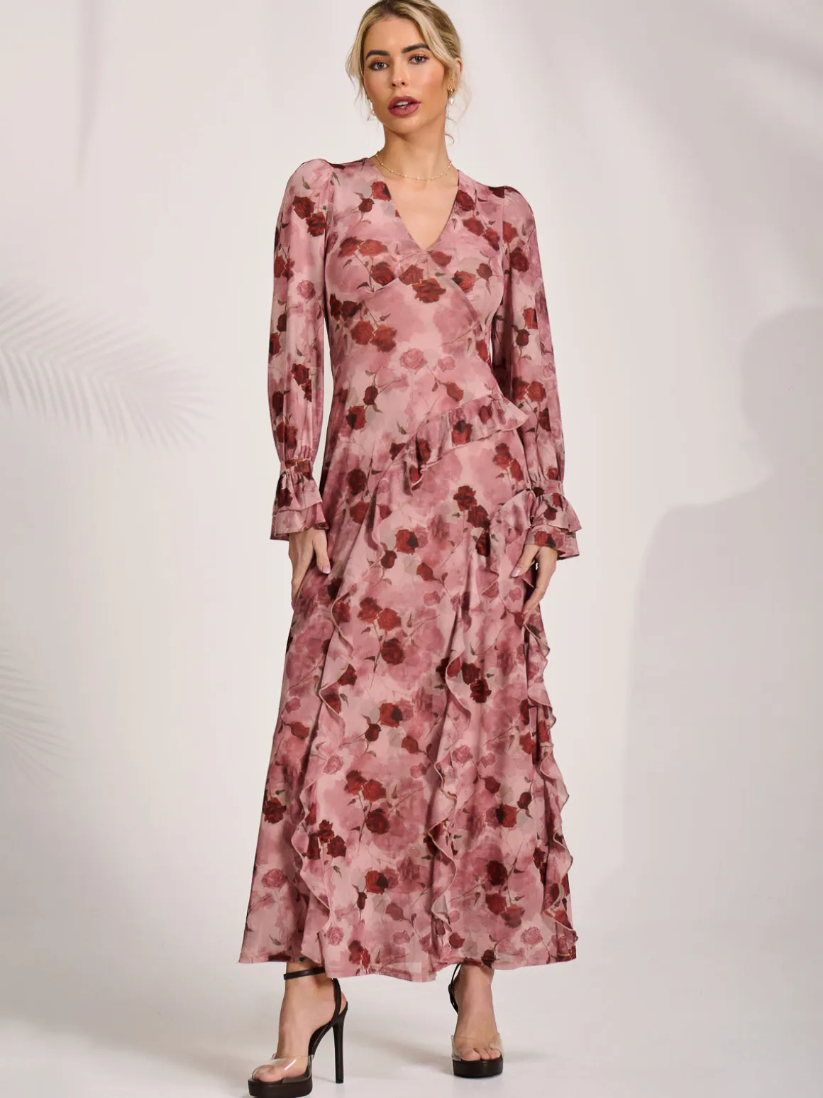 Long Sleeve Ruffle Mesh Maxi Dress, Pink Floral