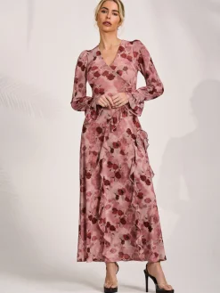 Long Sleeve Ruffle Mesh Maxi Dress, Pink Floral