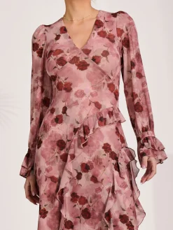 Long Sleeve Ruffle Mesh Maxi Dress, Pink Floral