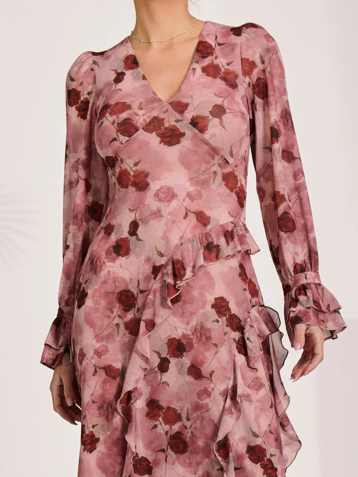Long Sleeve Ruffle Mesh Maxi Dress, Pink Floral