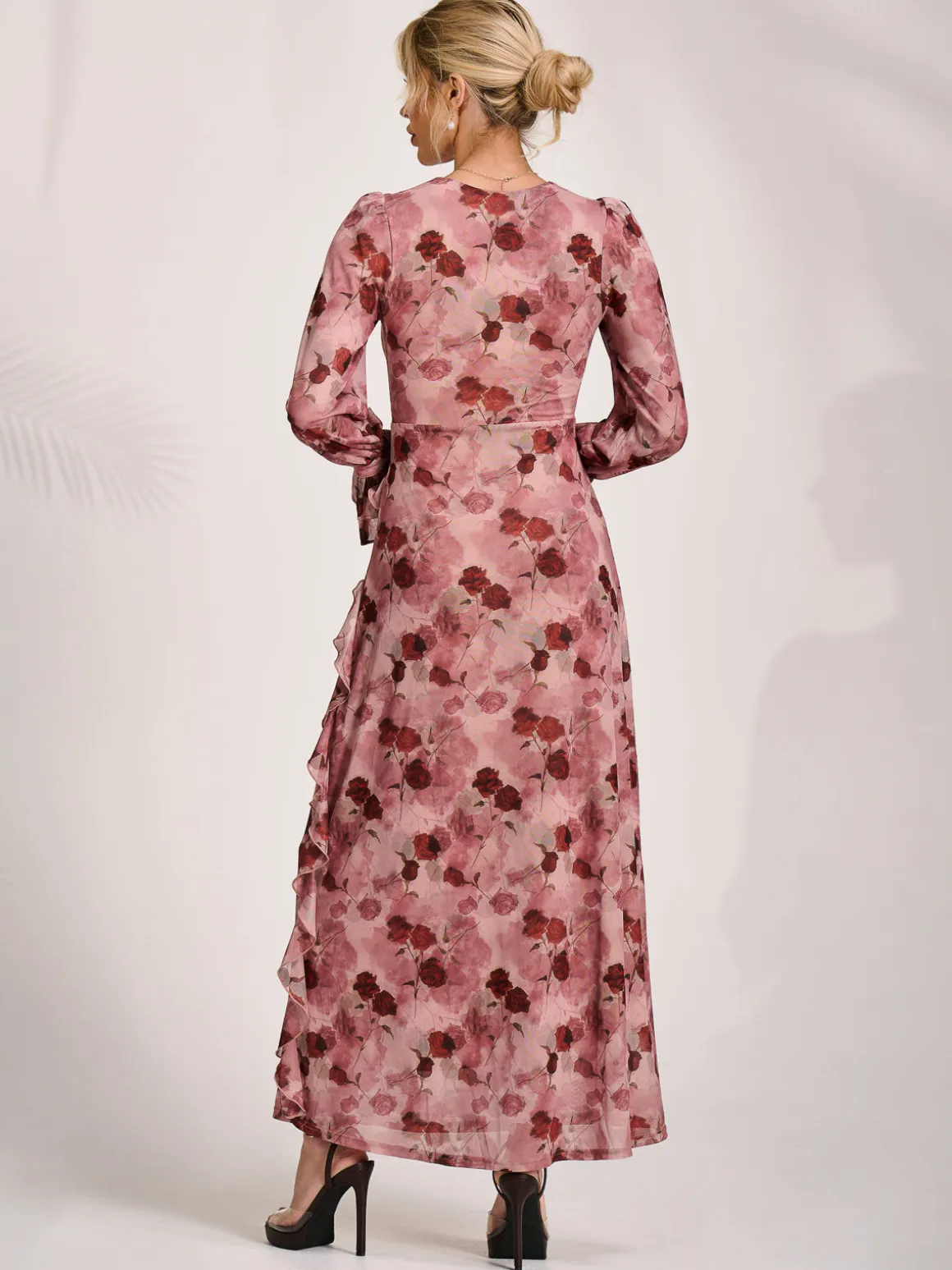 Long Sleeve Ruffle Mesh Maxi Dress, Pink Floral