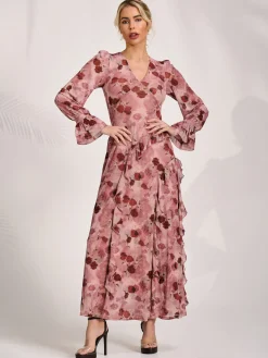 Long Sleeve Ruffle Mesh Maxi Dress, Pink Floral
