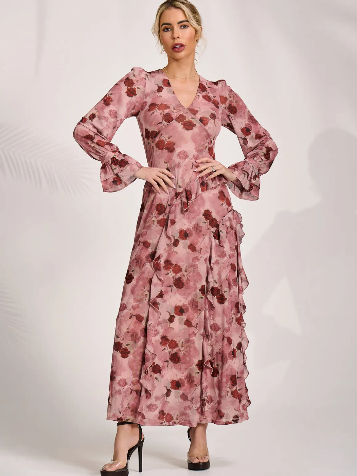 Long Sleeve Ruffle Mesh Maxi Dress, Pink Floral