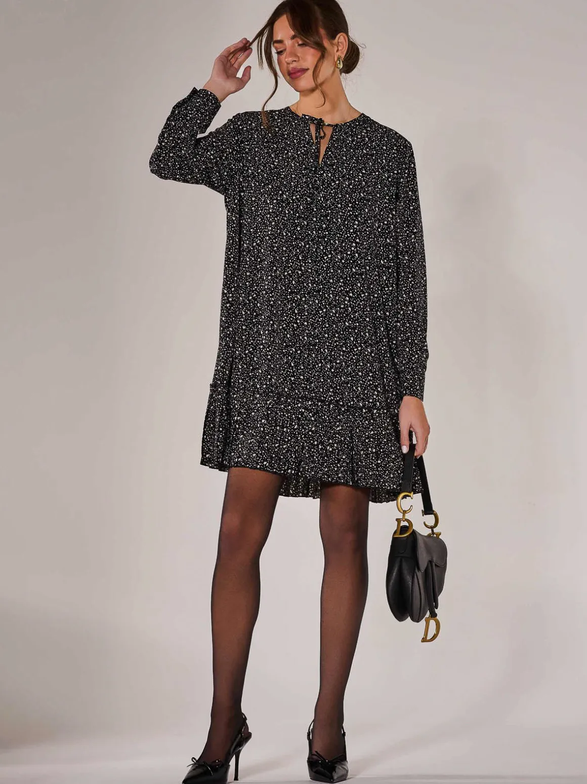 Long Sleeve Shirt Dress, Black Spot