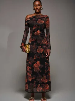 Long Sleeve Slash Neck Maxi Dress, Amber Haze