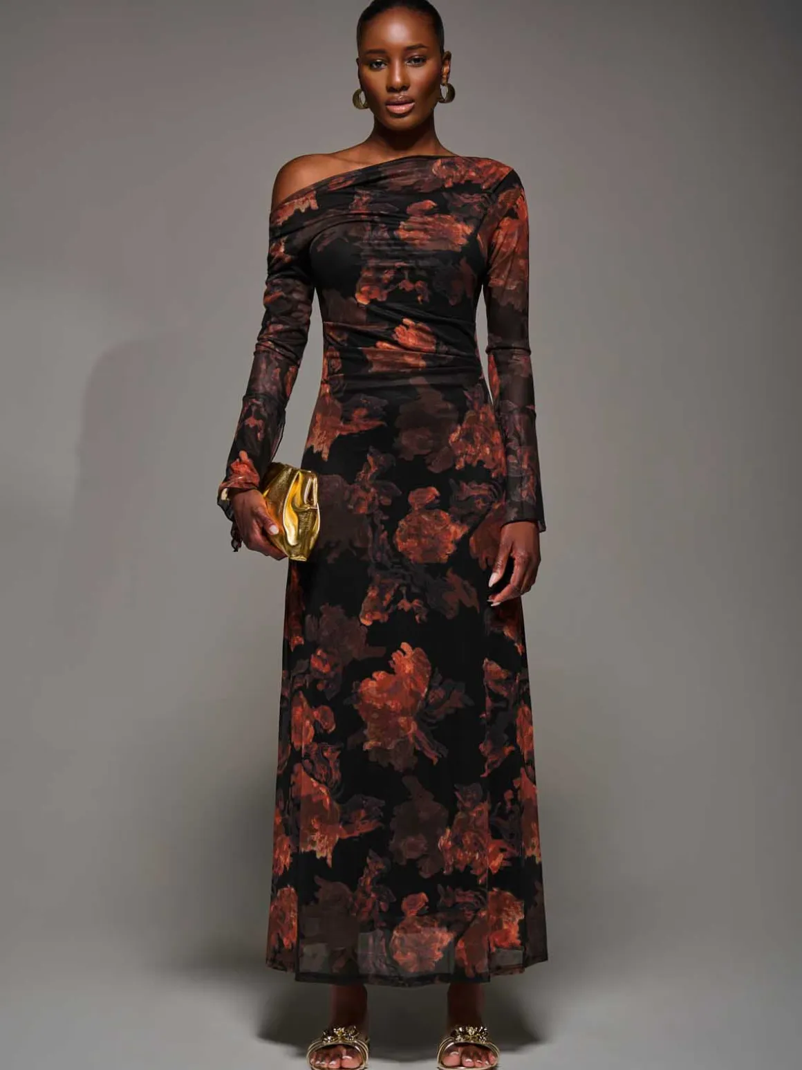 Long Sleeve Slash Neck Maxi Dress, Amber Haze
