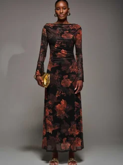 Long Sleeve Slash Neck Maxi Dress, Amber Haze