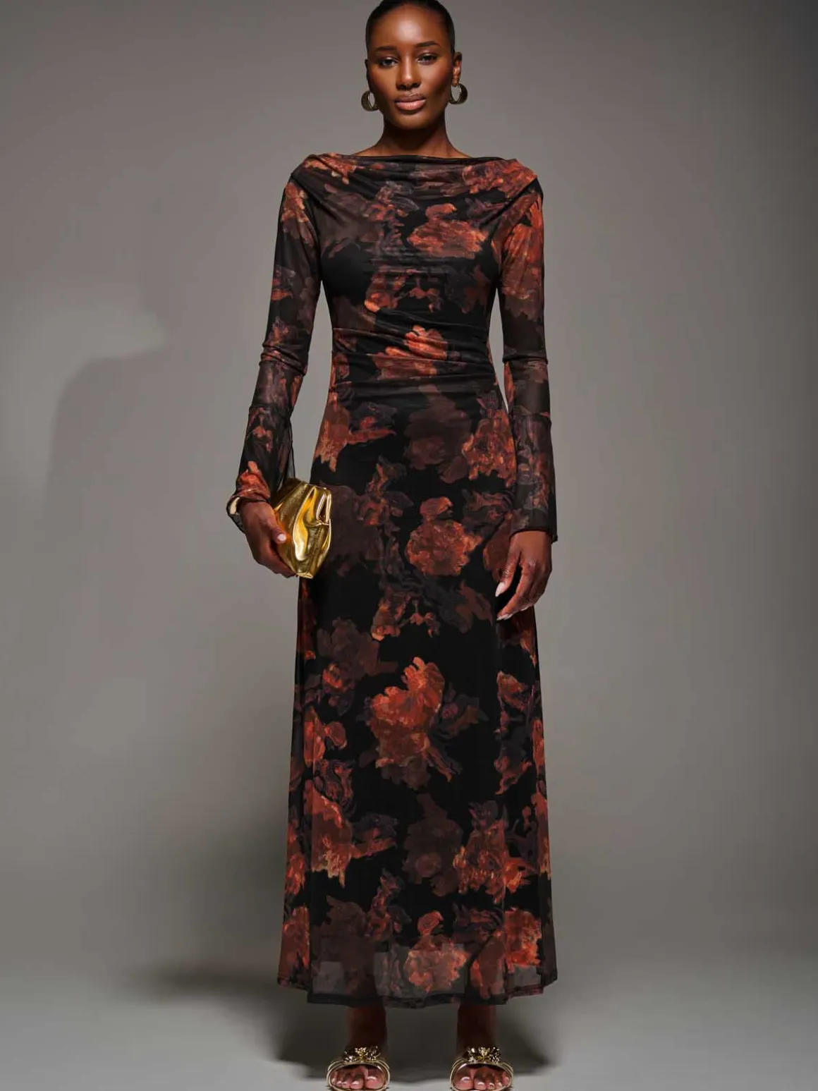 Long Sleeve Slash Neck Maxi Dress, Amber Haze
