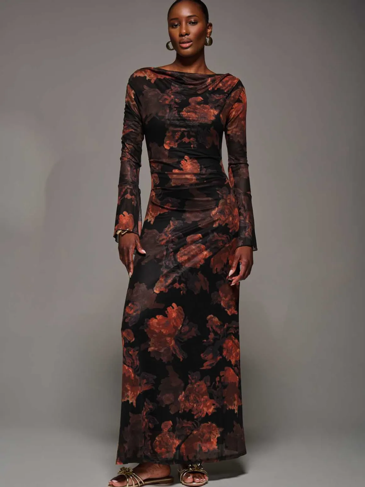 Long Sleeve Slash Neck Maxi Dress, Amber Haze