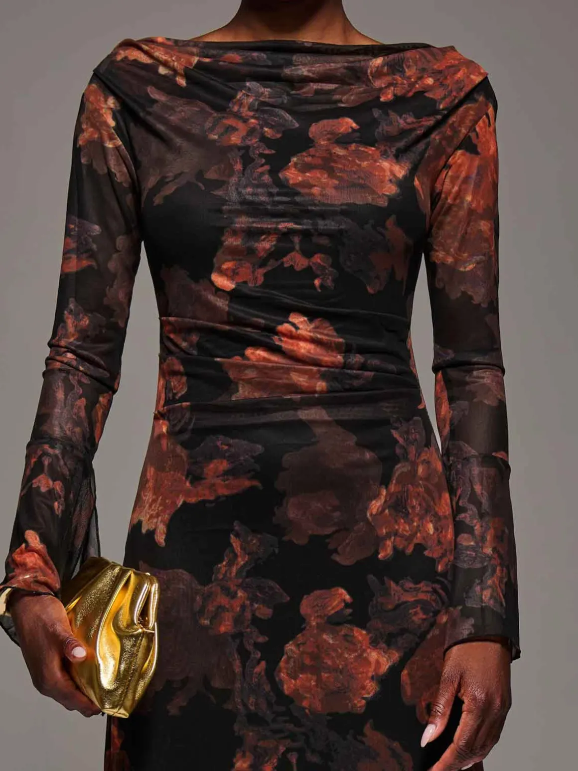 Long Sleeve Slash Neck Maxi Dress, Amber Haze
