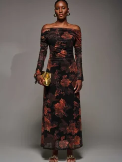 Long Sleeve Slash Neck Maxi Dress, Amber Haze