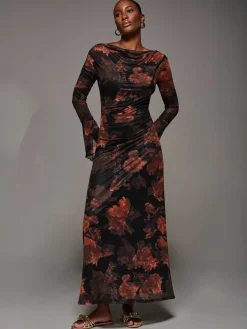 Long Sleeve Slash Neck Maxi Dress, Amber Haze