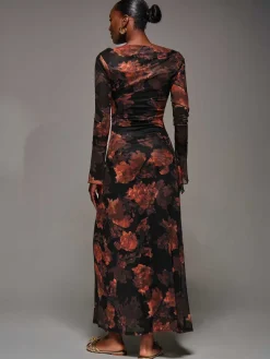 Long Sleeve Slash Neck Maxi Dress, Amber Haze
