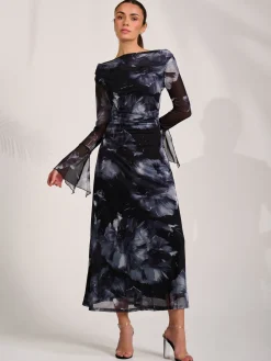 Long Sleeve Slash Neck Maxi Dress, Black Abstract