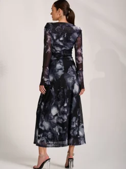 Long Sleeve Slash Neck Maxi Dress, Black Abstract