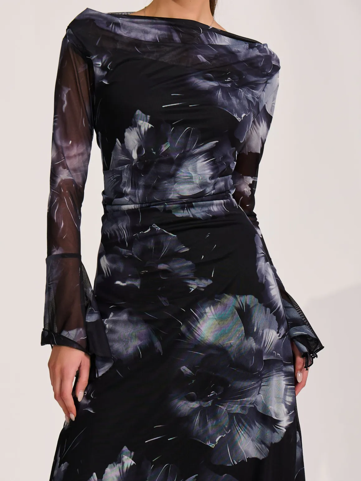 Long Sleeve Slash Neck Maxi Dress, Black Abstract