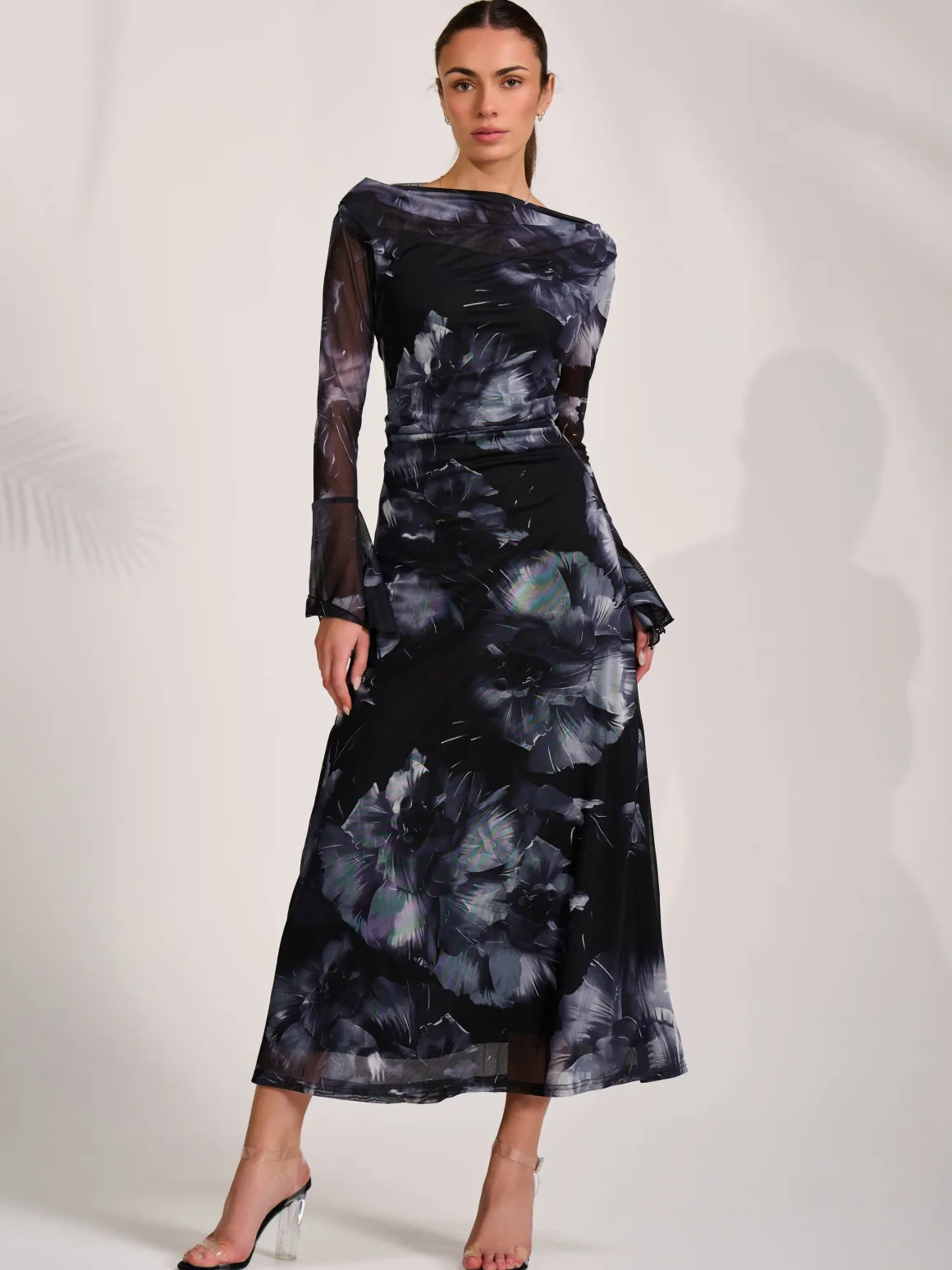Long Sleeve Slash Neck Maxi Dress, Black Abstract