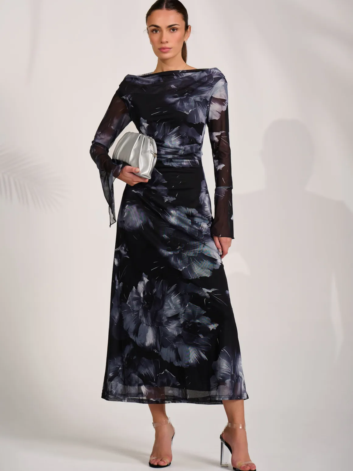 Long Sleeve Slash Neck Maxi Dress, Black Abstract