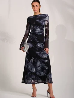 Long Sleeve Slash Neck Maxi Dress, Black Abstract
