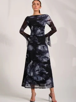 Long Sleeve Slash Neck Maxi Dress, Black Abstract
