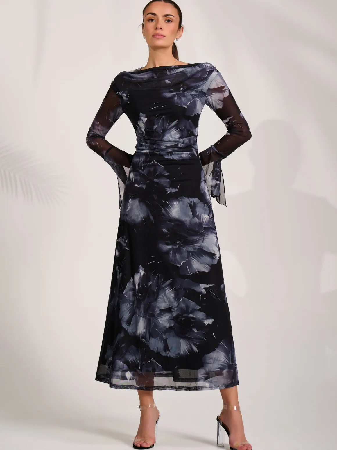 Long Sleeve Slash Neck Maxi Dress, Black Abstract