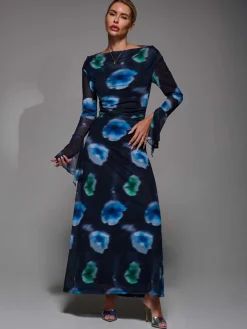 Long Sleeve Slash Neck Maxi Dress, Black Floral