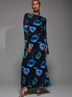 Long Sleeve Slash Neck Maxi Dress, Black Floral