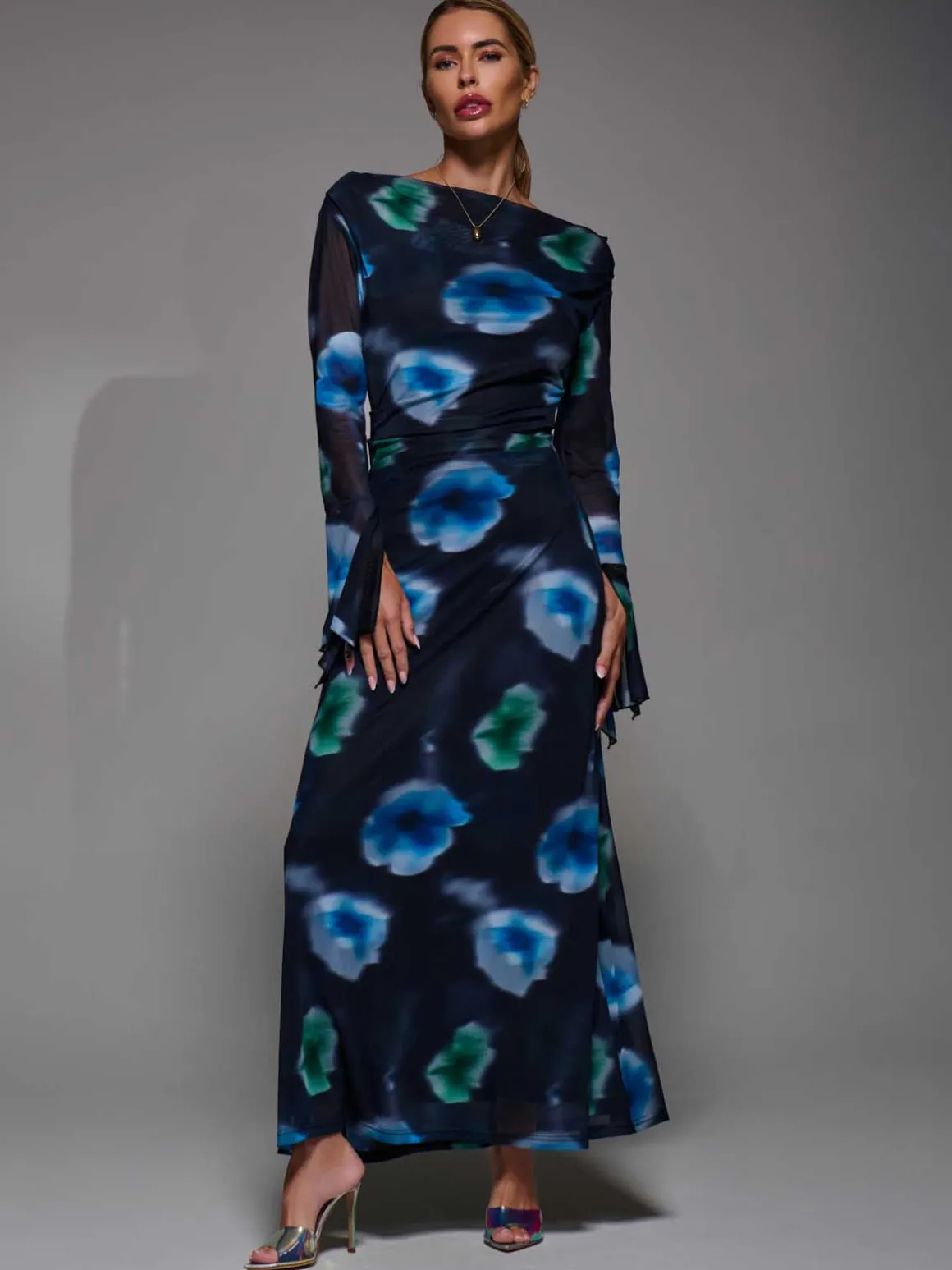 Long Sleeve Slash Neck Maxi Dress, Black Floral
