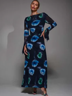 Long Sleeve Slash Neck Maxi Dress, Black Floral