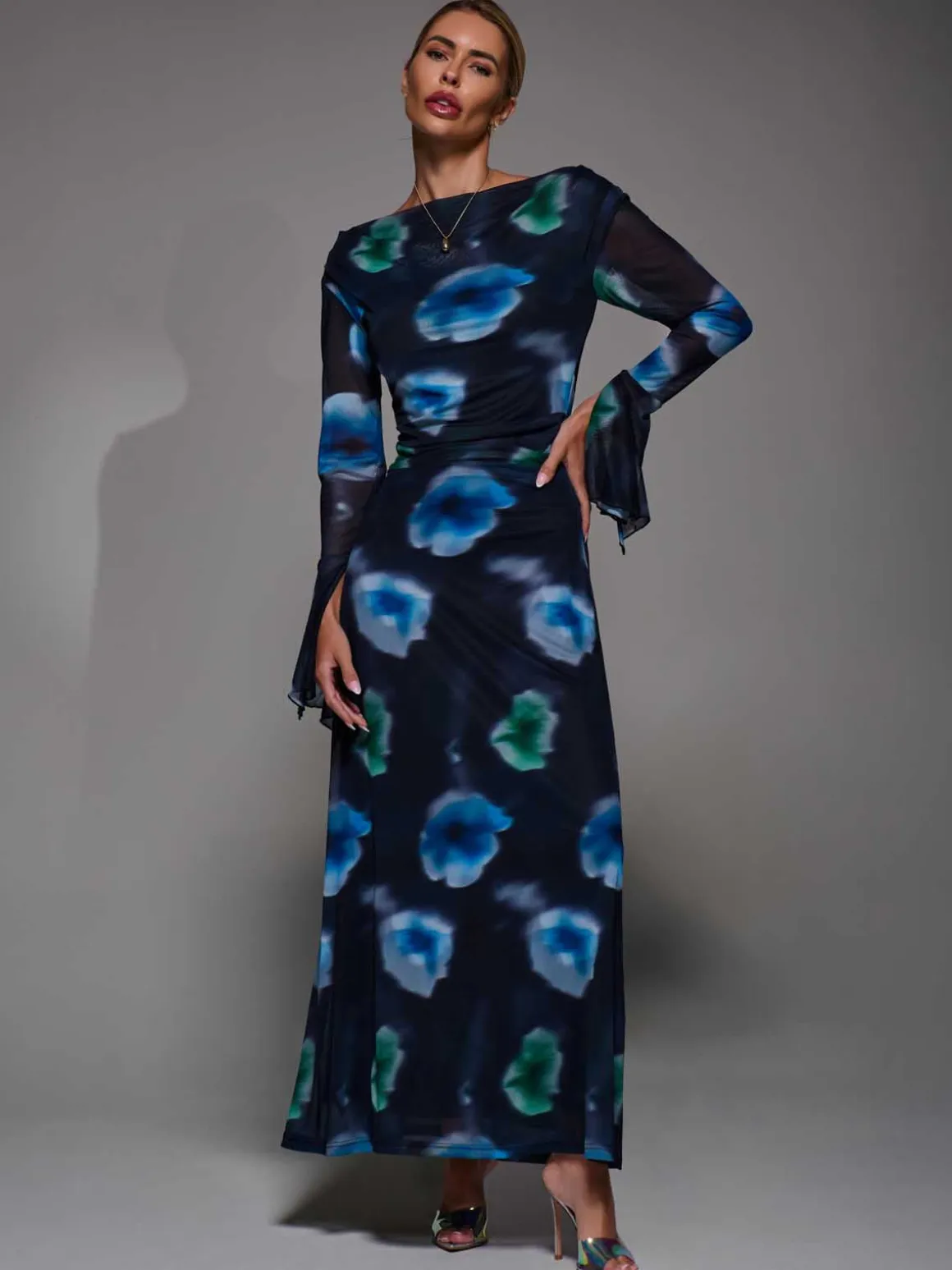 Long Sleeve Slash Neck Maxi Dress, Black Floral