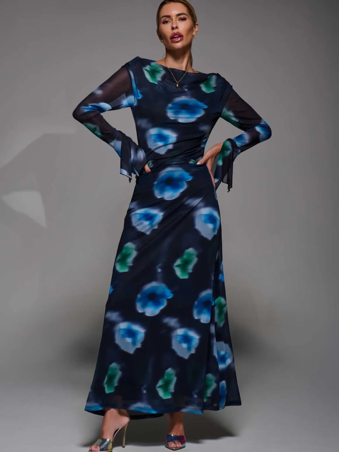 Long Sleeve Slash Neck Maxi Dress, Black Floral