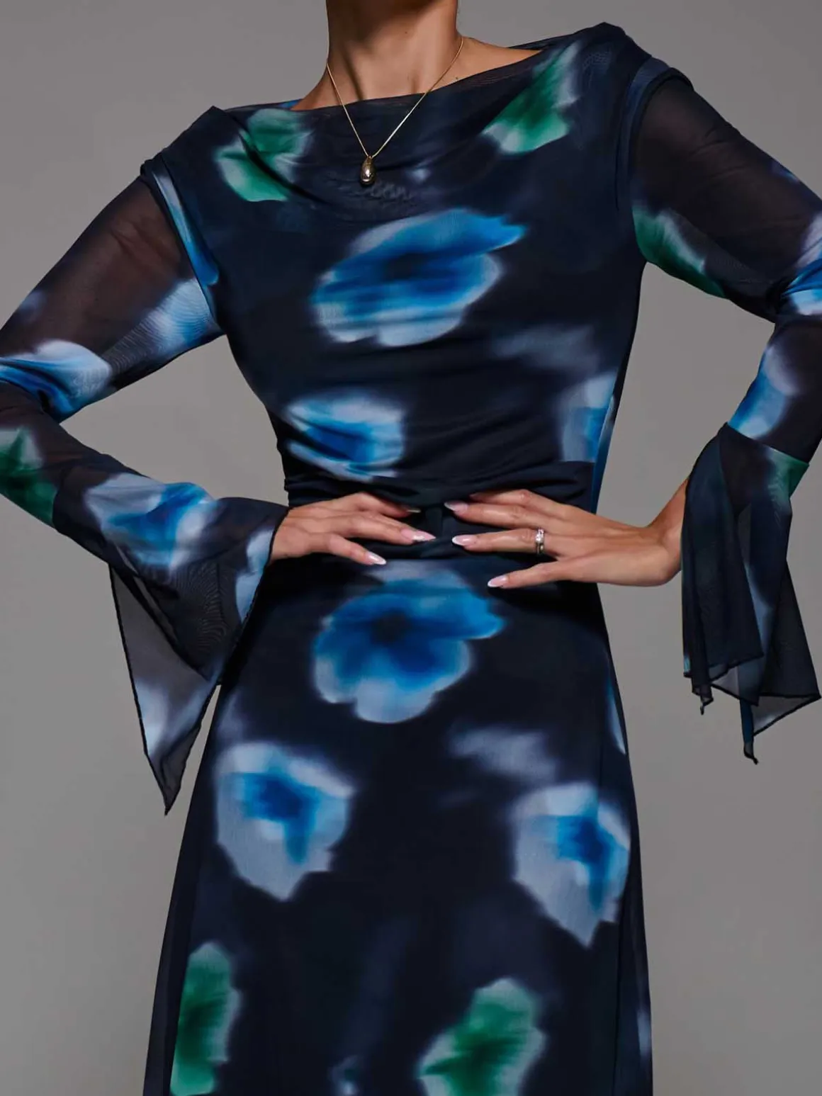 Long Sleeve Slash Neck Maxi Dress, Black Floral