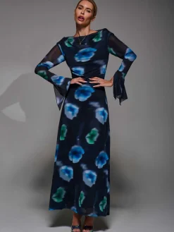 Long Sleeve Slash Neck Maxi Dress, Black Floral