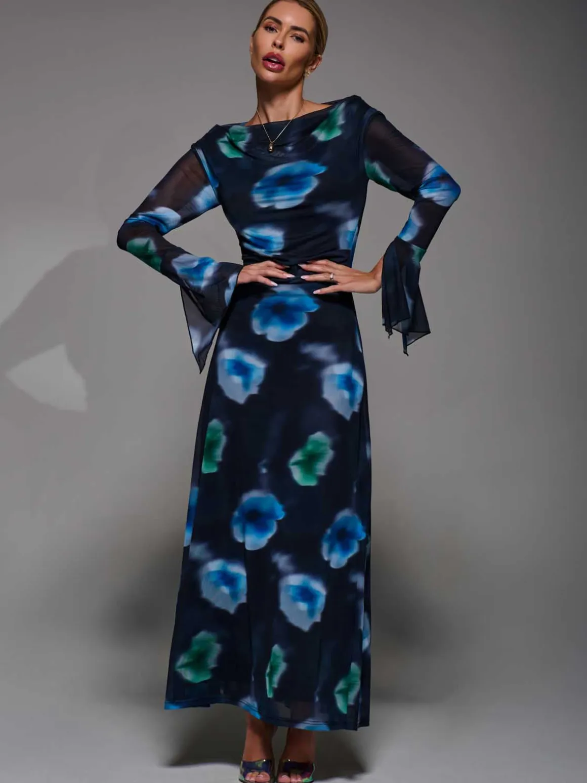 Long Sleeve Slash Neck Maxi Dress, Black Floral