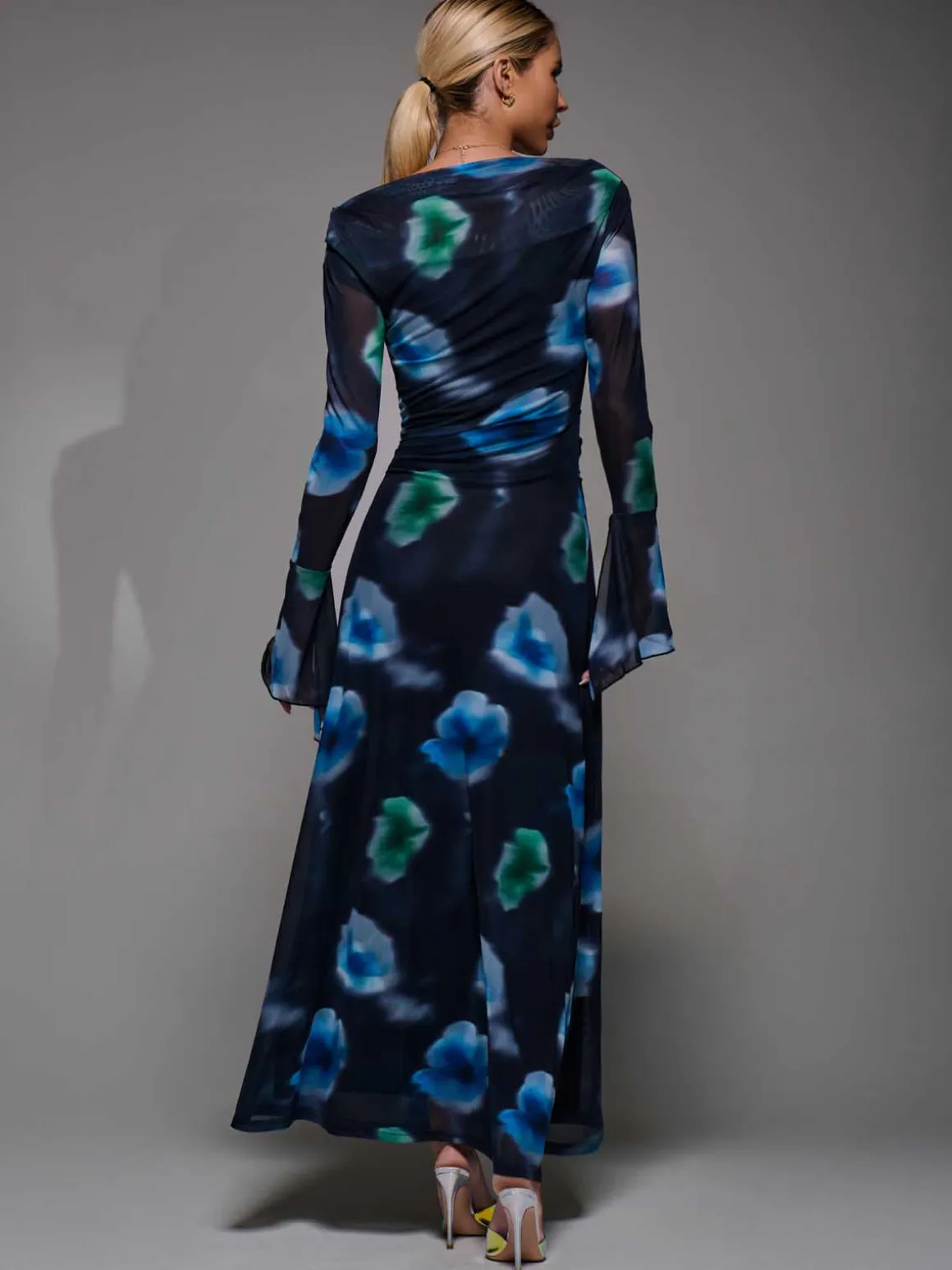 Long Sleeve Slash Neck Maxi Dress, Black Floral