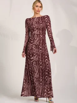 Long Sleeve Slash Neck Maxi Dress, Brown Animal