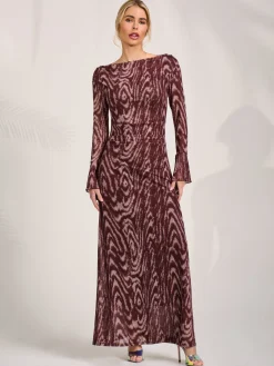 Long Sleeve Slash Neck Maxi Dress, Brown Animal