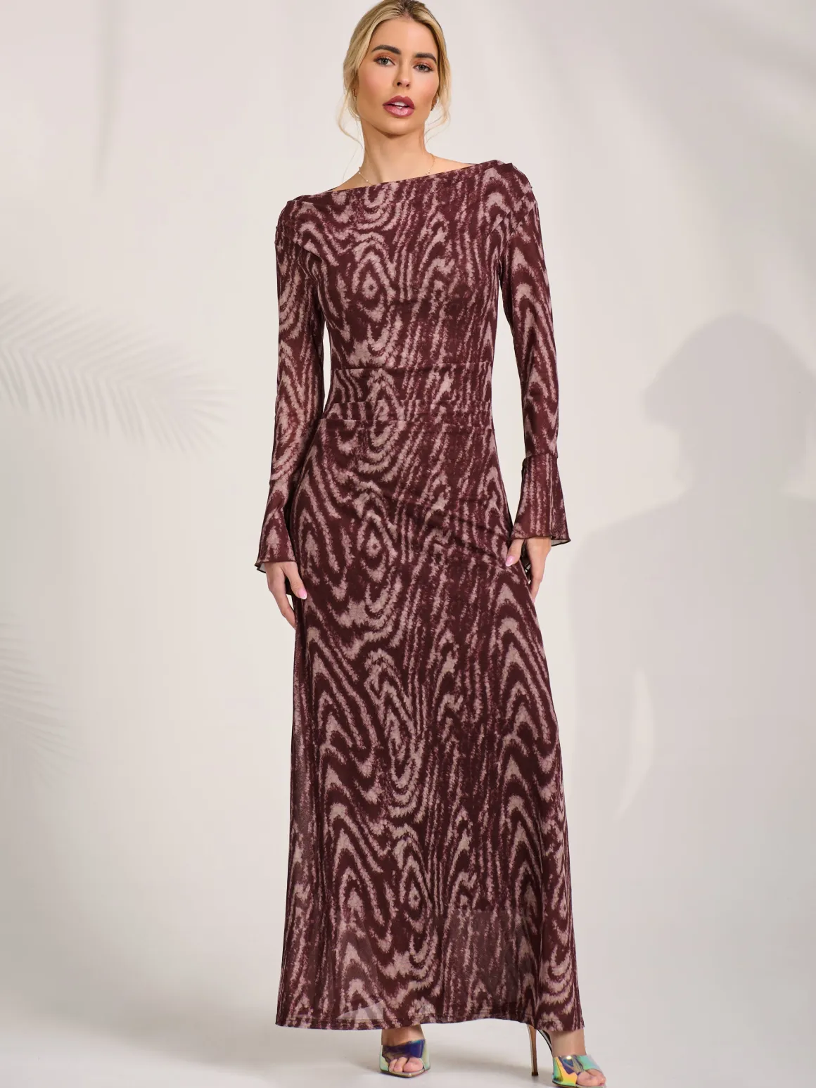 Long Sleeve Slash Neck Maxi Dress, Brown Animal
