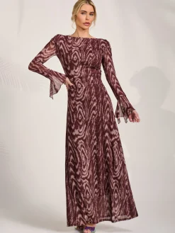 Long Sleeve Slash Neck Maxi Dress, Brown Animal