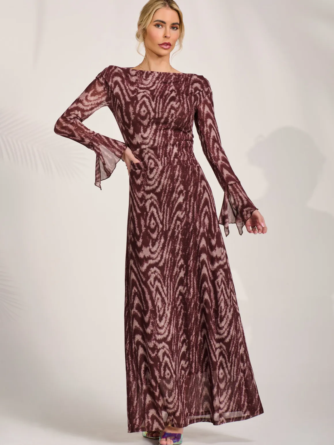 Long Sleeve Slash Neck Maxi Dress, Brown Animal