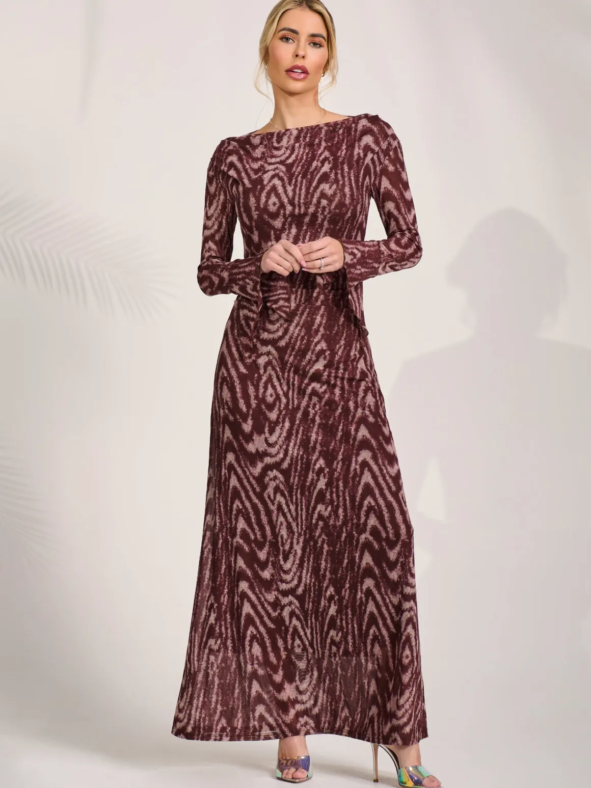Long Sleeve Slash Neck Maxi Dress, Brown Animal