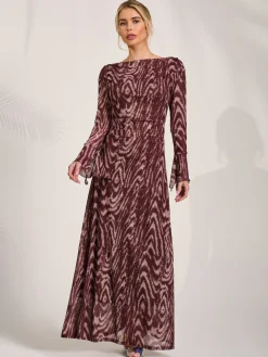 Long Sleeve Slash Neck Maxi Dress, Brown Animal