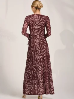 Long Sleeve Slash Neck Maxi Dress, Brown Animal