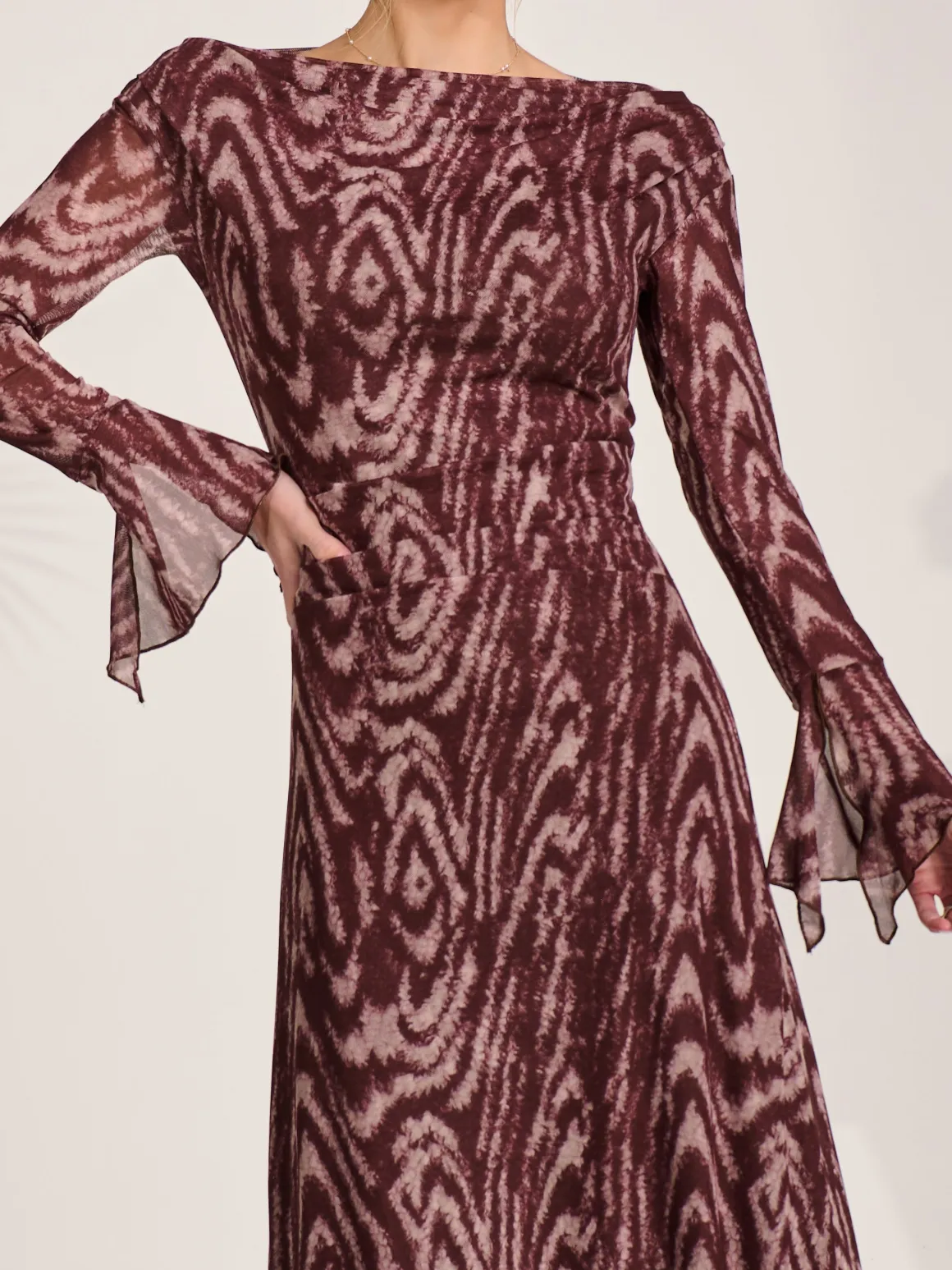 Long Sleeve Slash Neck Maxi Dress, Brown Animal