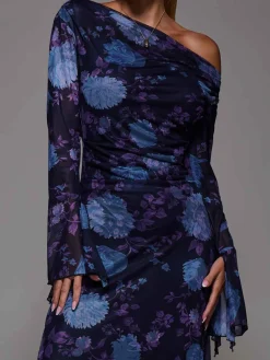 Long Sleeve Slash Neck Maxi Dress, Purple Floral
