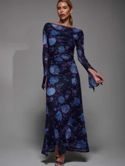 Long Sleeve Slash Neck Maxi Dress, Purple Floral