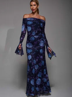 Long Sleeve Slash Neck Maxi Dress, Purple Floral