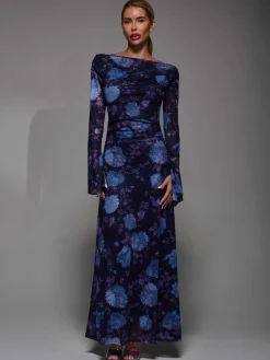 Long Sleeve Slash Neck Maxi Dress, Purple Floral