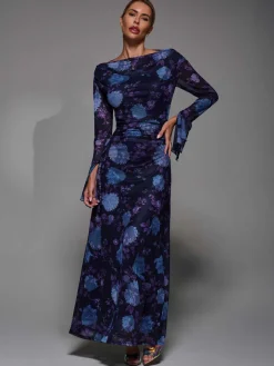 Long Sleeve Slash Neck Maxi Dress, Purple Floral