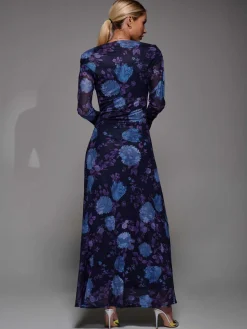 Long Sleeve Slash Neck Maxi Dress, Purple Floral